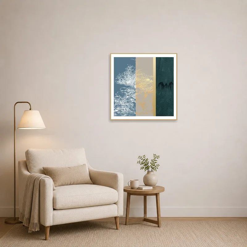 Elegant triptych enhances the cozy reading corner atmosphere.