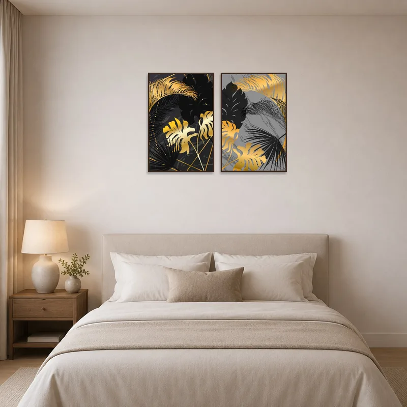 Elegant botanical set adding flair above a plush bed in the bedroom.