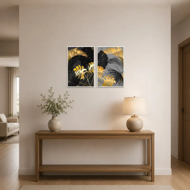 Botanical prints elegantly displayed in a welcoming entrance hall.