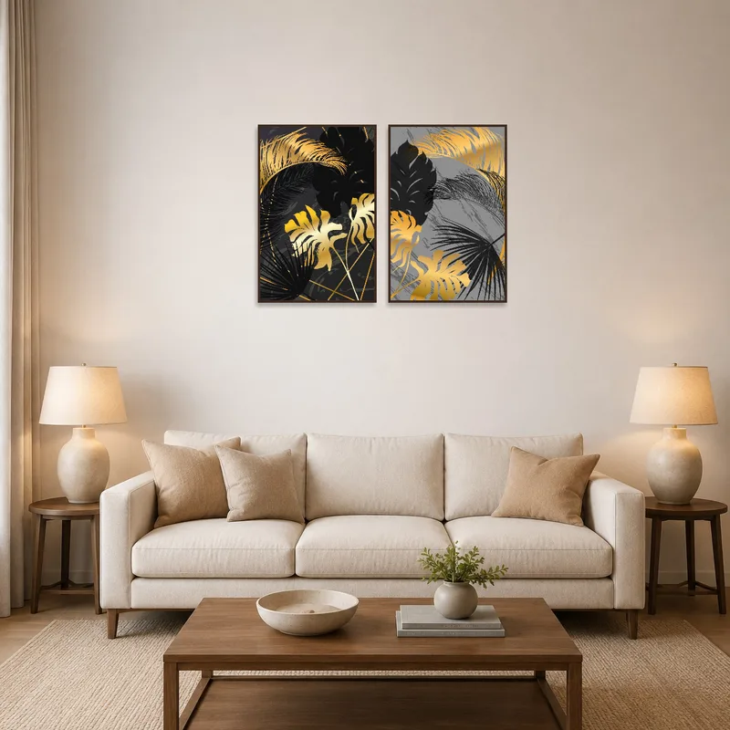 Botanical print set hanging above a stylish modern sofa in a cozy living room.