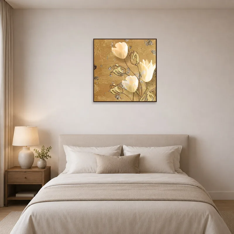 Elegant Tulip Blooms on Textured Gold adding warmth to a bedroom with soft lighting.