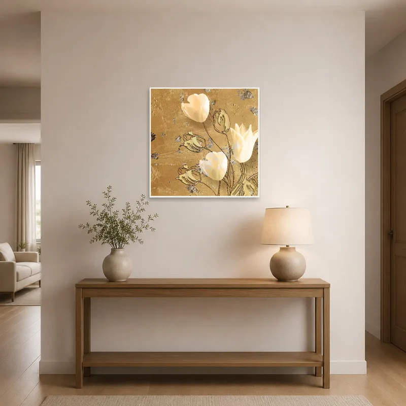 Elegant Tulip Blooms on Textured Gold displayed in an elegant entrance hall with a welcoming atmosphere.