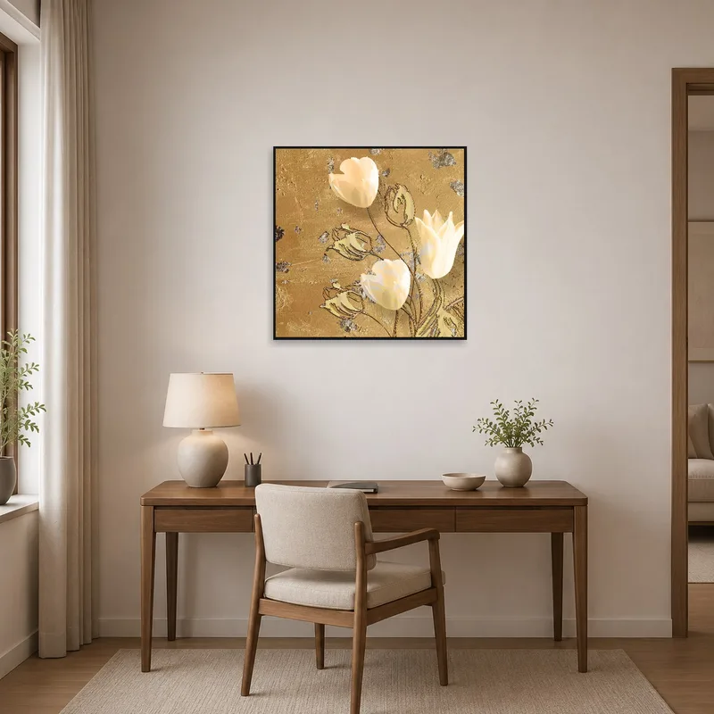 Elegant Tulip Blooms on Textured Gold adorning a home office with organized workspace.
