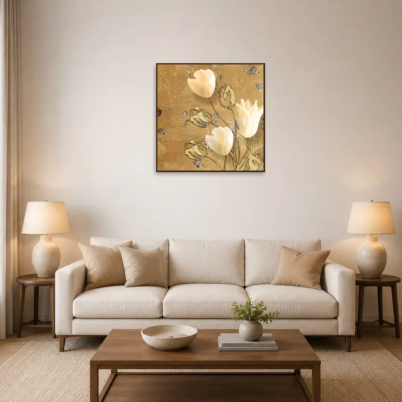 Elegant Tulip Blooms on Textured Gold hanging in a cozy living room with plush seating.