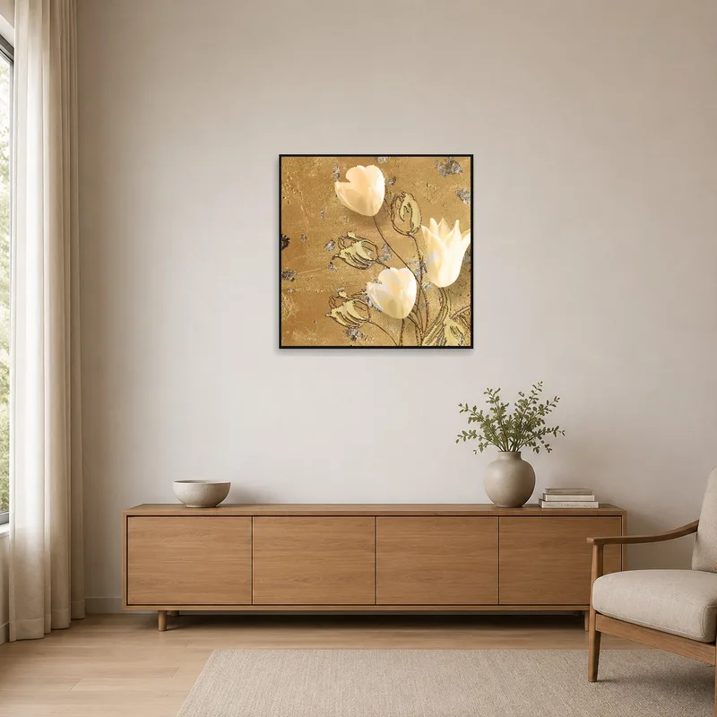 Elegant Tulip Blooms on Textured Gold featured in a minimalist room with clean lines and neutral tones.