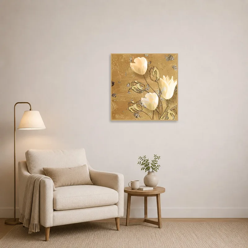 Elegant Tulip Blooms on Textured Gold placed in a serene reading corner with a comfy chair.