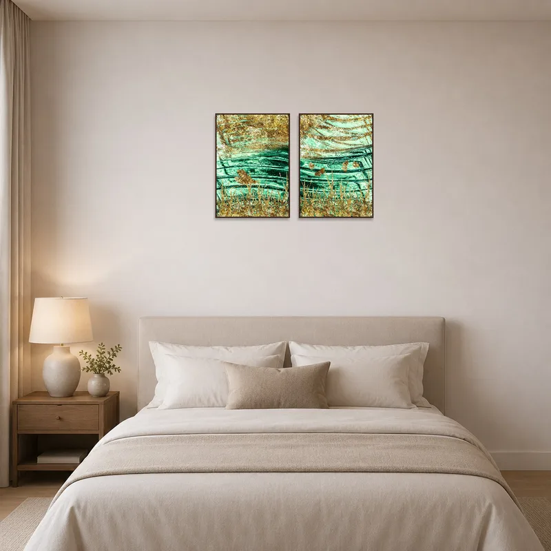 Abstract art set in turquoise and gold brings calmness to a bedroom.