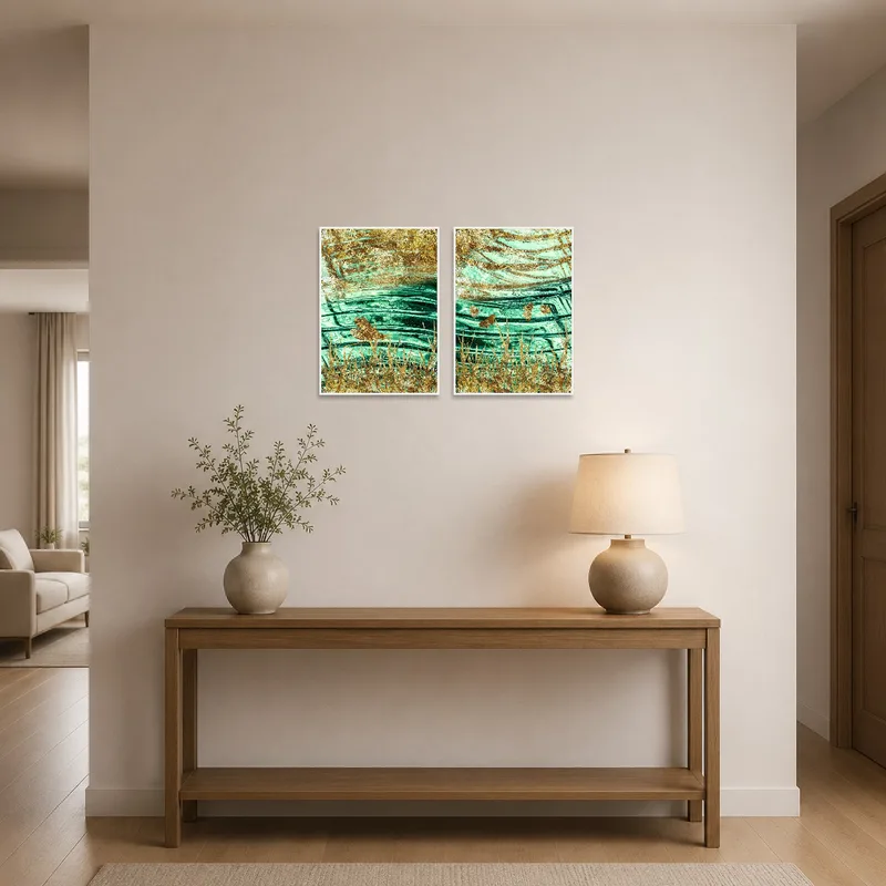 Eye-catching turquoise and gold abstract art adorns an entrance hall.