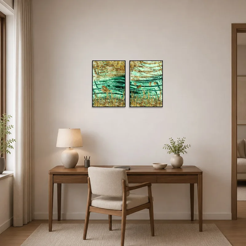 Turquoise and gold art set adds sophistication to a home office space.