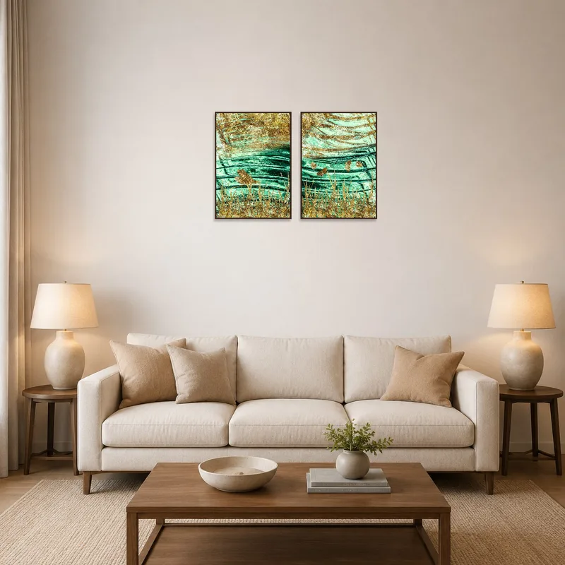 Turquoise and gold abstract art set adds elegance to a living room wall.