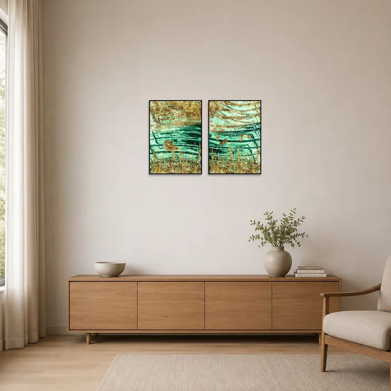 Simple room with a turquoise and gold abstract piece as the focal point.