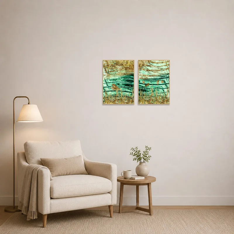 A cozy nook is enhanced by a turquoise and gold abstract artwork.