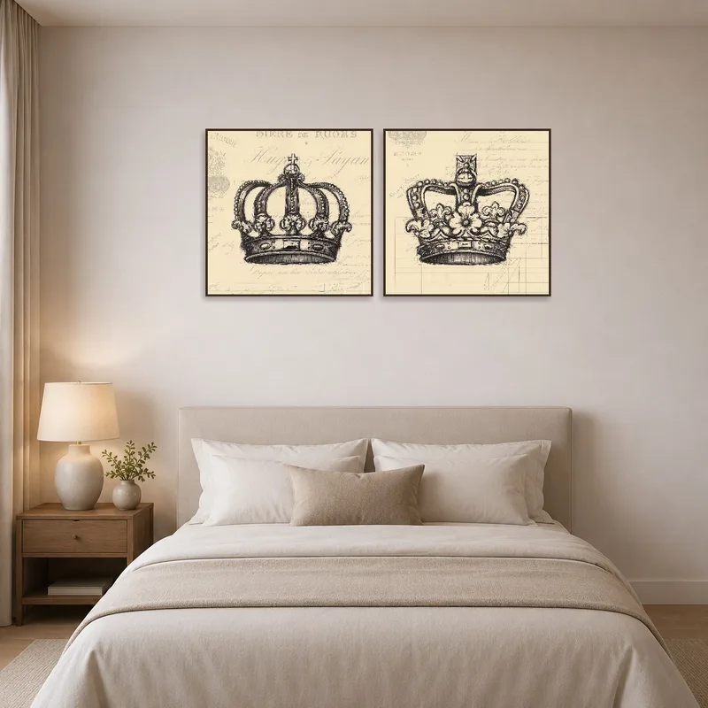 Crown sketches complement the serene vibe in a bedroom.