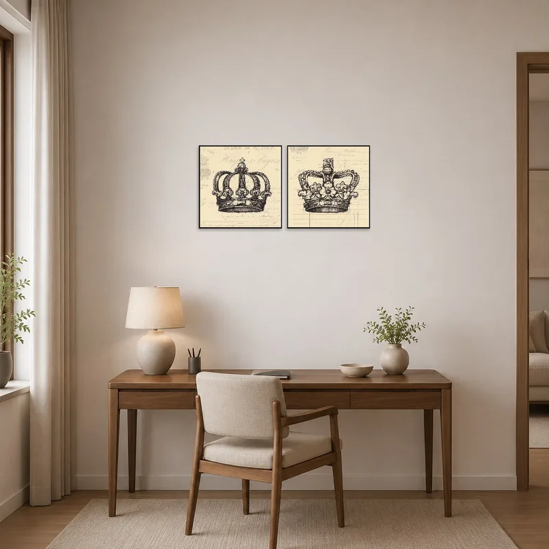 Vintage crown art adding sophistication to a home office wall.