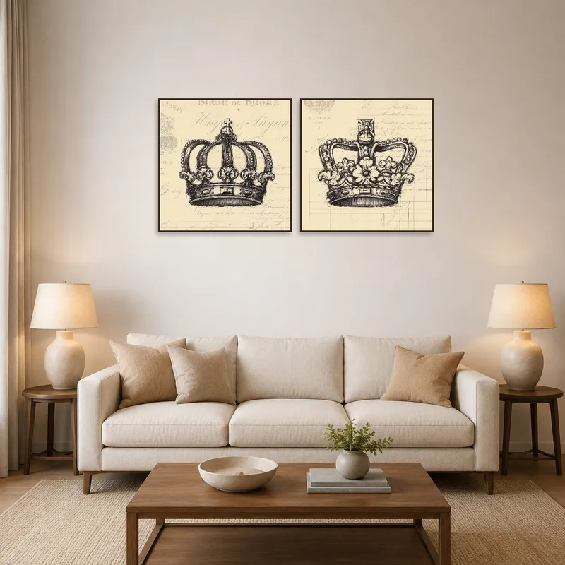 A vintage crown sketch art set on the wall of a cozy living room.
