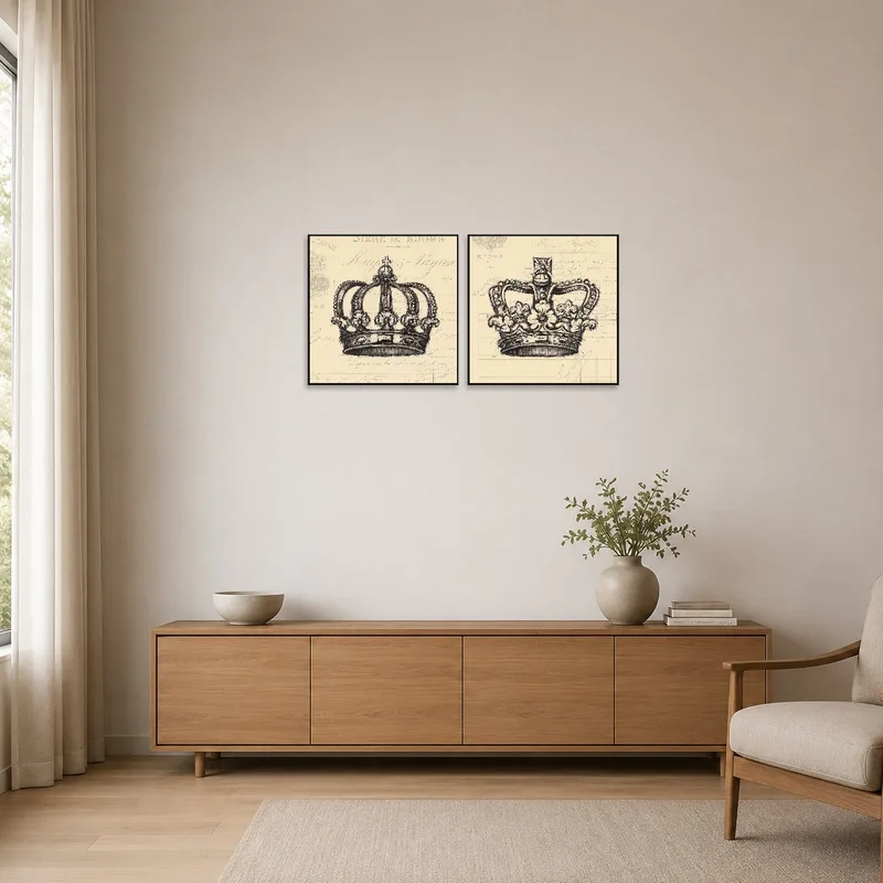 The crown sketches add charm to a minimalist room's wall.
