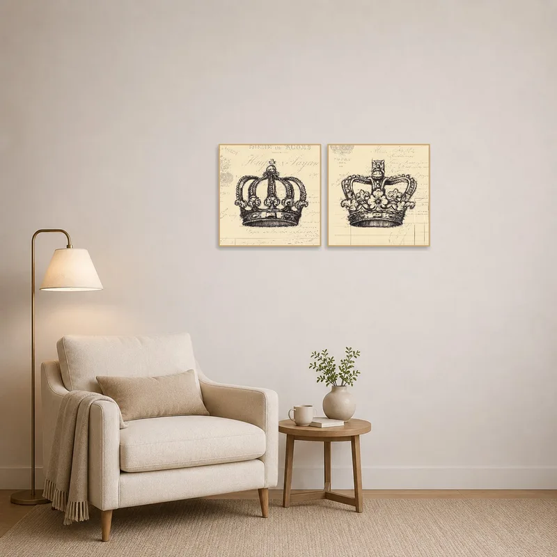 Vintage crown art enhancing a tranquil reading corner's wall.