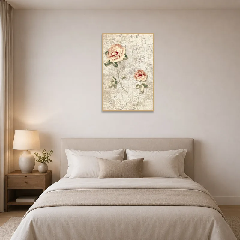 Floral artwork brings tranquility and charm to a serene bedroom.