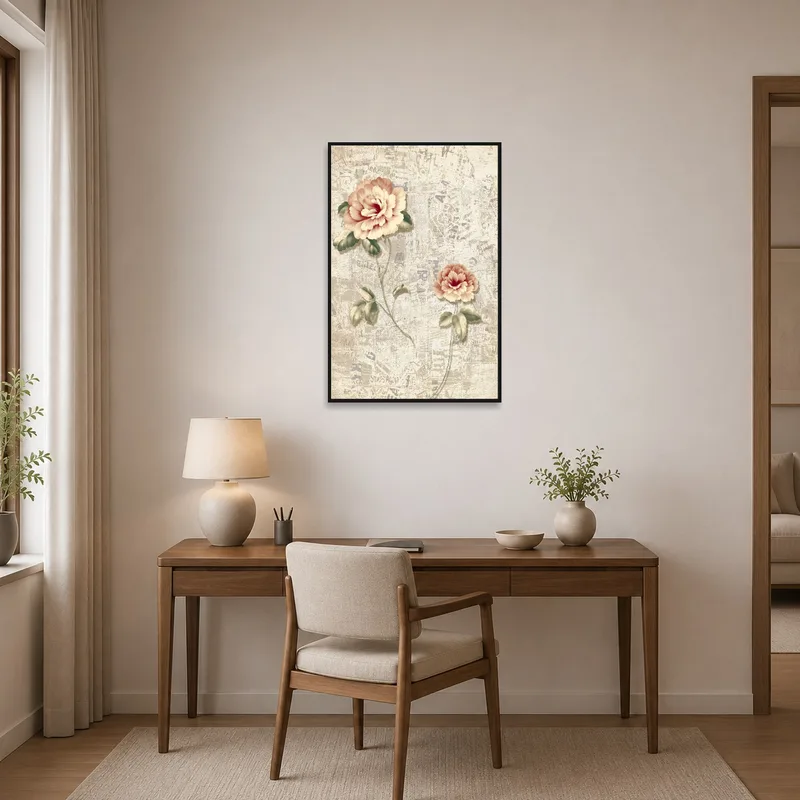 Elegant vintage floral art enhances productivity in a stylish home office.