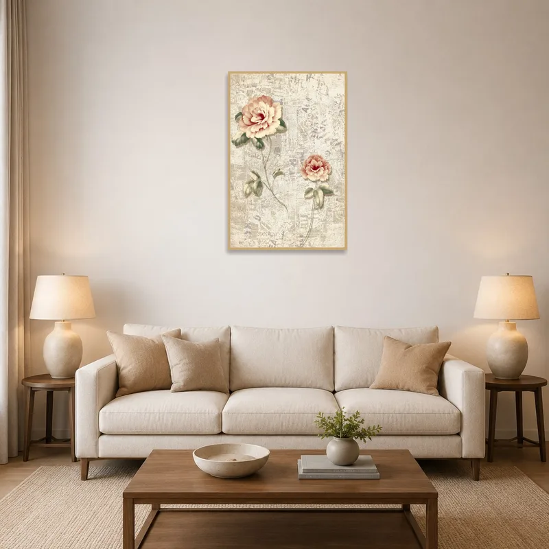 Vintage floral art print enhances a cozy living room with classic elegance.