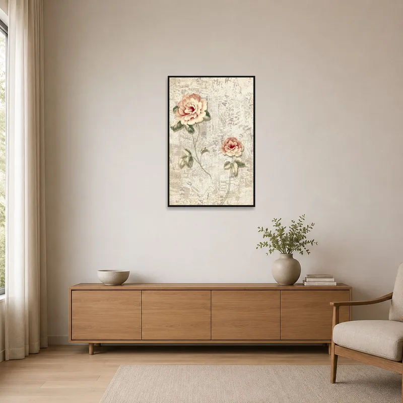 Floral art print adds subtle elegance to a minimalist room setting.