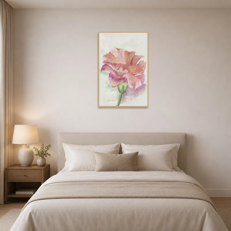 Bedroom with flower art print bringing elegance and calmness.
