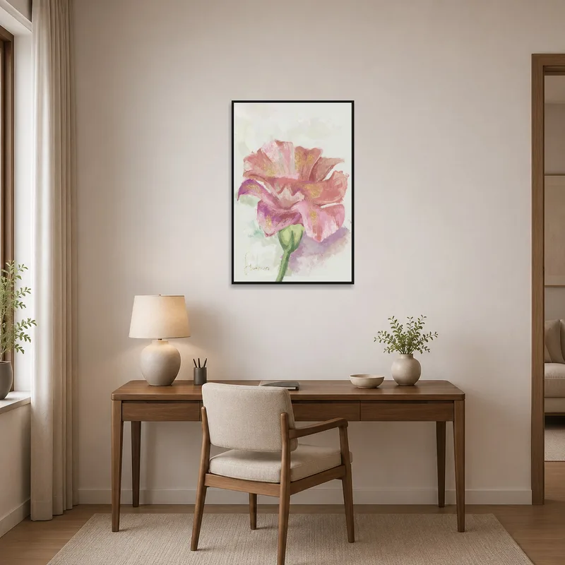 Home office enlivened by the charming watercolor flower art print.