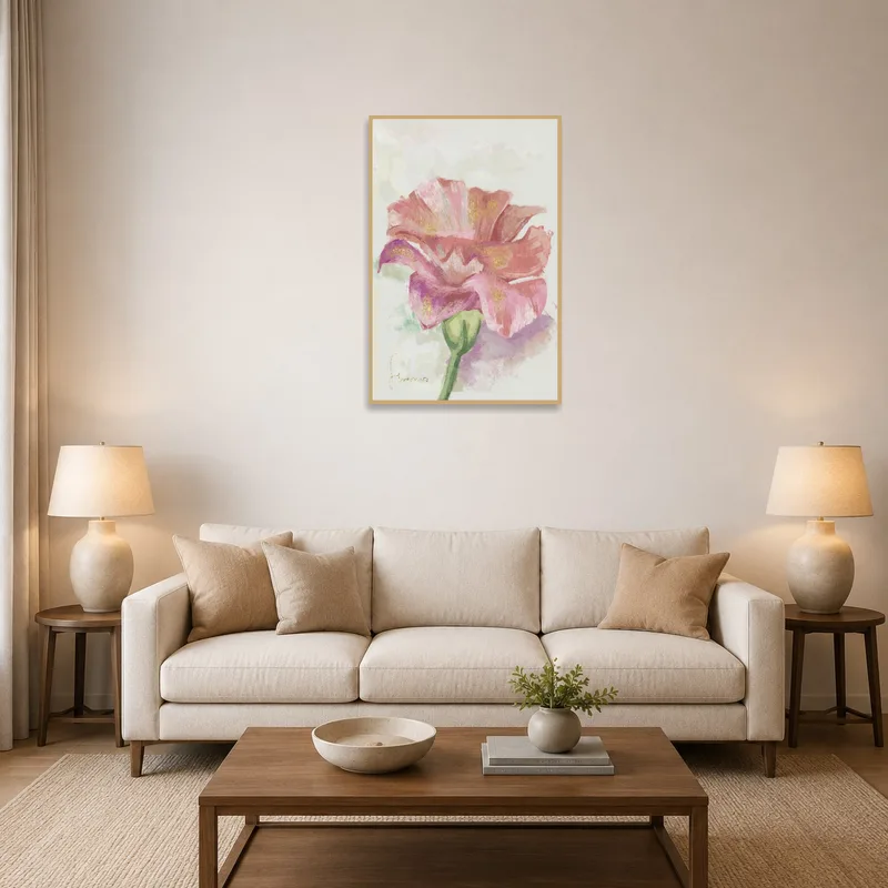Elegant watercolor flower art print on living room wall for a touch of nature.