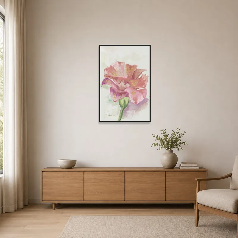 Minimalist room with flower art print adding a splash of color.