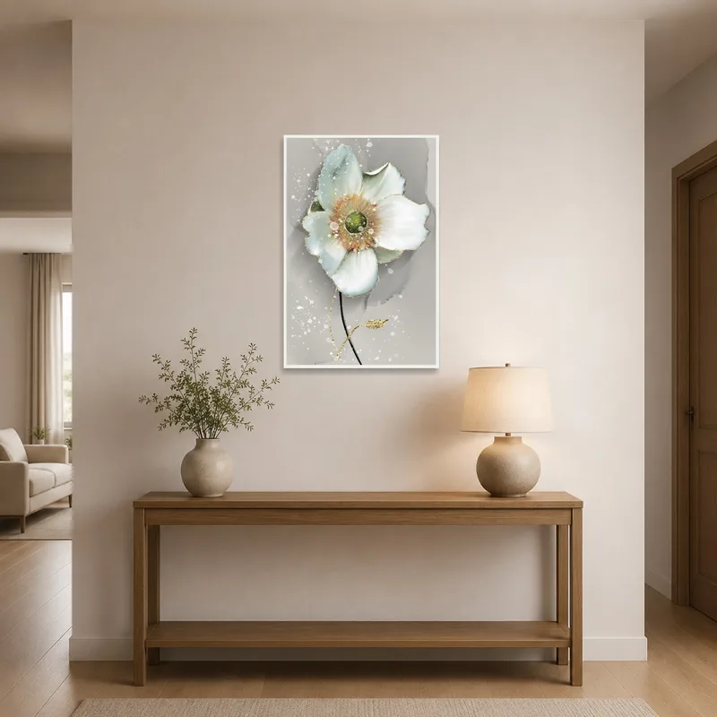 A vivid flower illustration greets guests in the entrance hall, adding a burst of color.