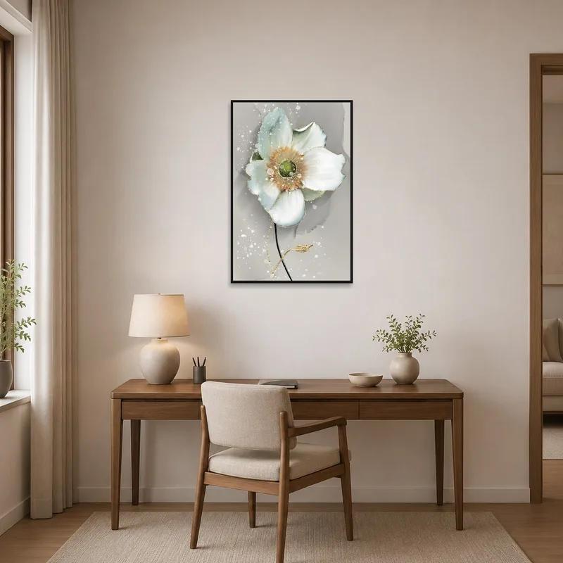 A bright flower illustration inspires creativity in a neatly organized home office.