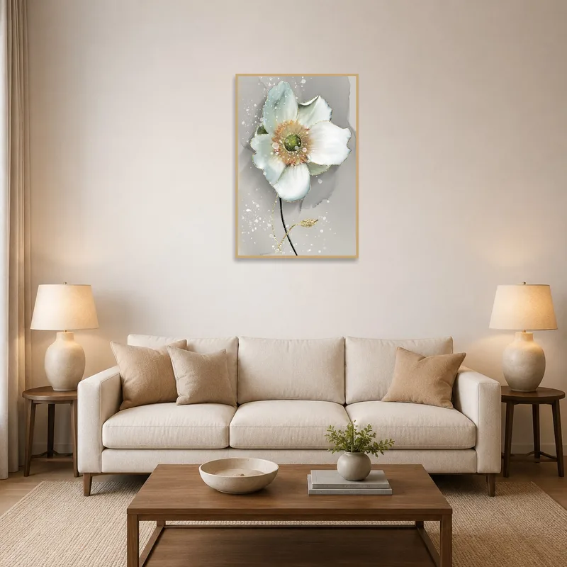 The Elegant Watercolor Flower Illustration adorns a living room wall above a modern sofa.