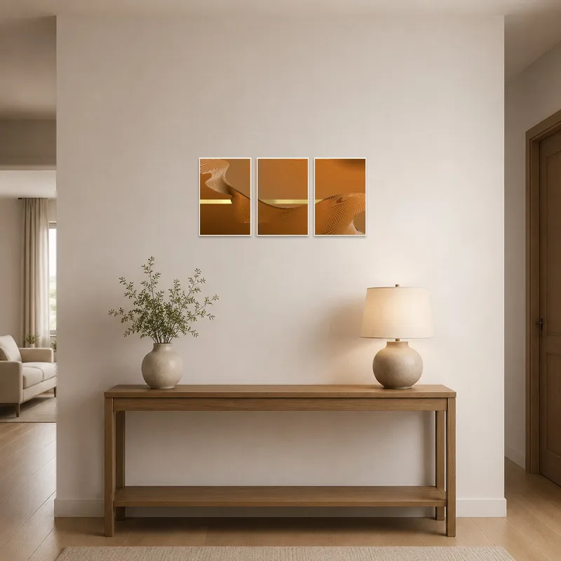 Elegant wave triptych in earthy hues welcoming guests at an entrance hall.