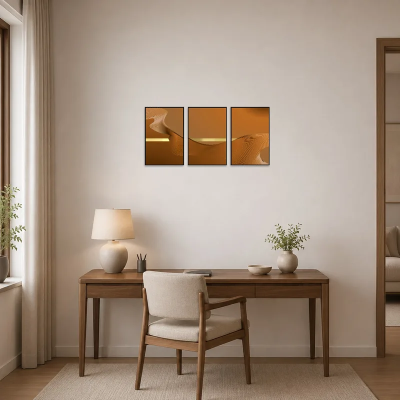 Earthy abstract wave triptych bringing warmth to a focused home office space.