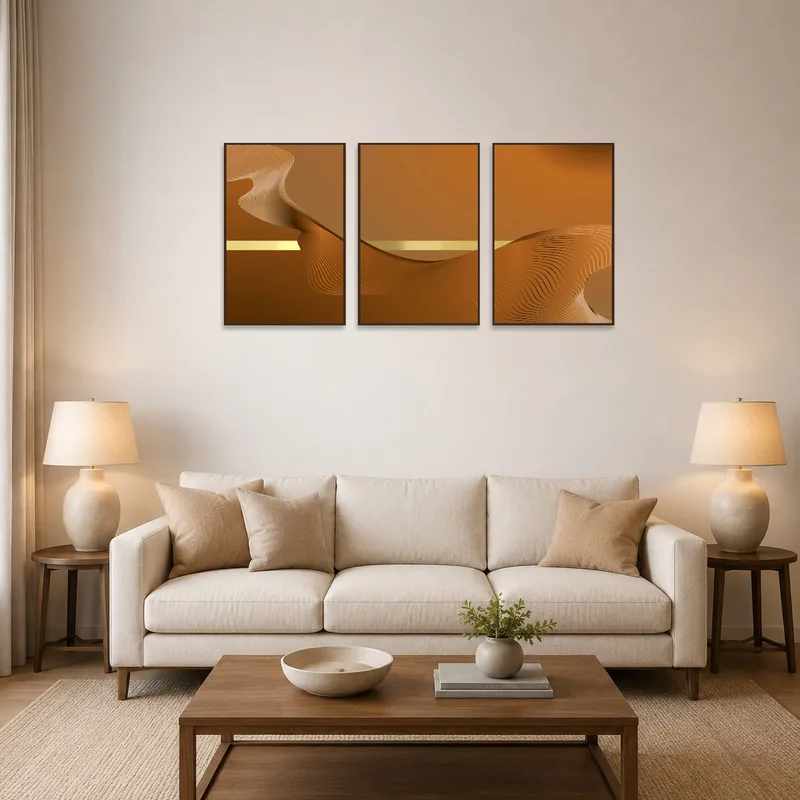 Abstract triptych with earthy tones on a living room wall above a neutral sofa.