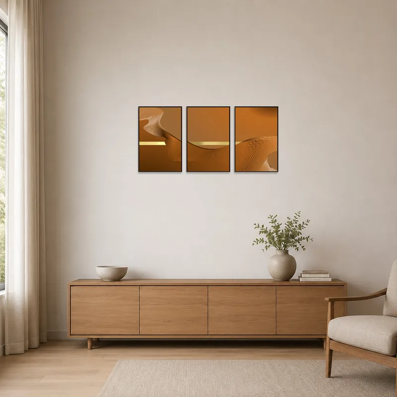 Earthy-toned abstract triptych in a minimalist room with white walls and simple furnishings.