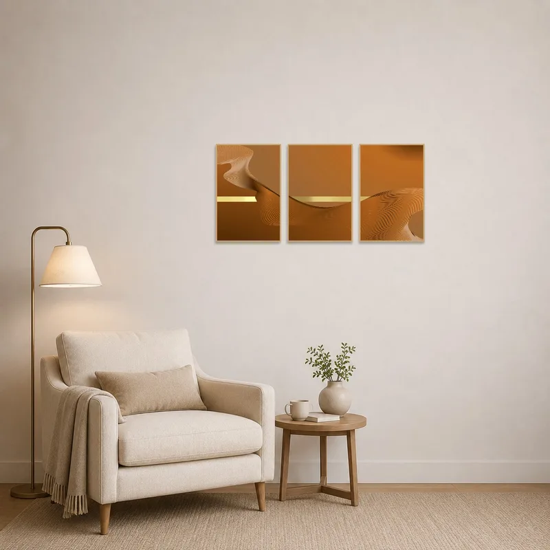 Reading corner adorned with a soothing abstract triptych featuring earthy tones.