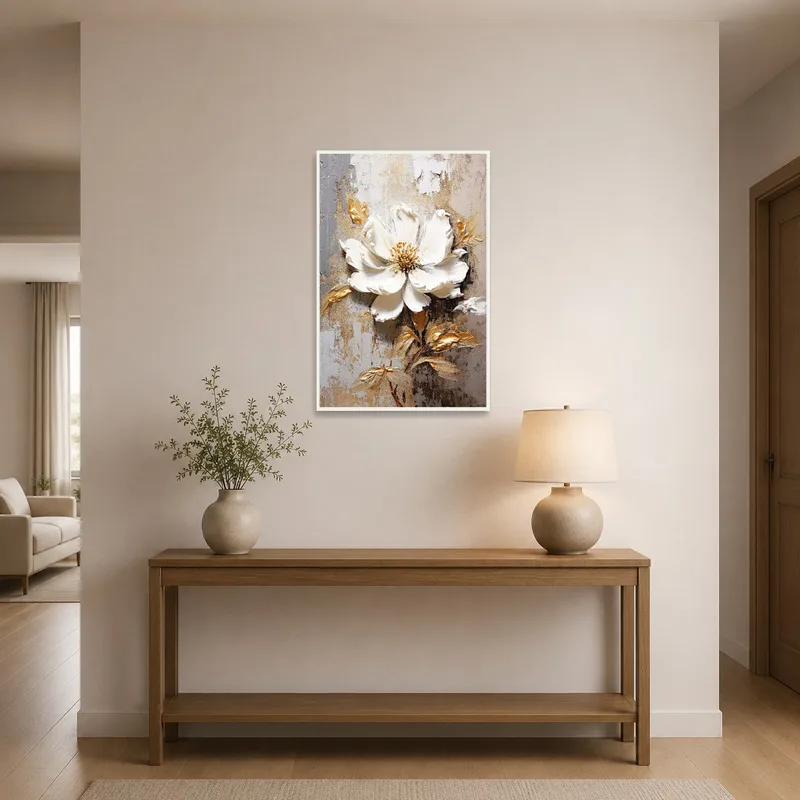 White bloom artwork adds a touch of elegance to an entrance hall with a console table.