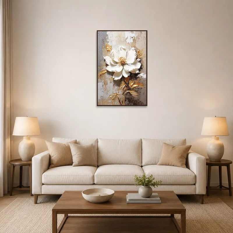 A white bloom artwork with gold accents above a modern sofa in a bright living room.