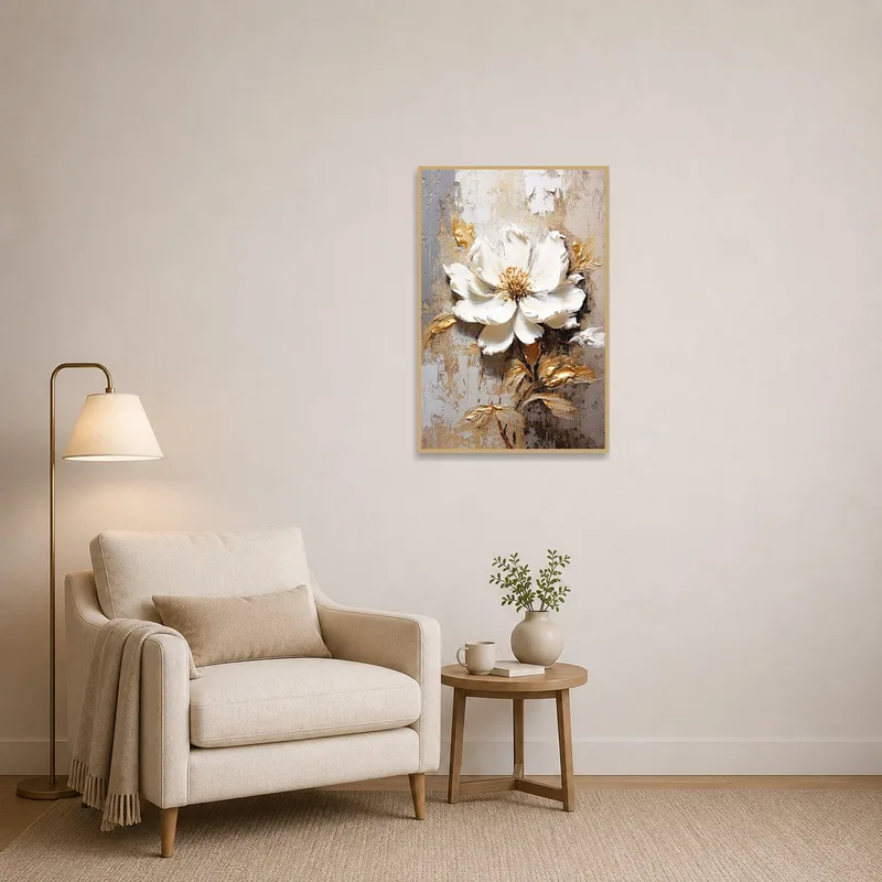 A serene white flower design with gold detail enhances a cozy reading corner.