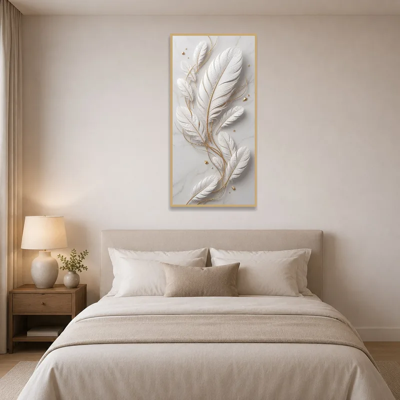 Elegant feather pattern over a marble background above a bed in the bedroom.