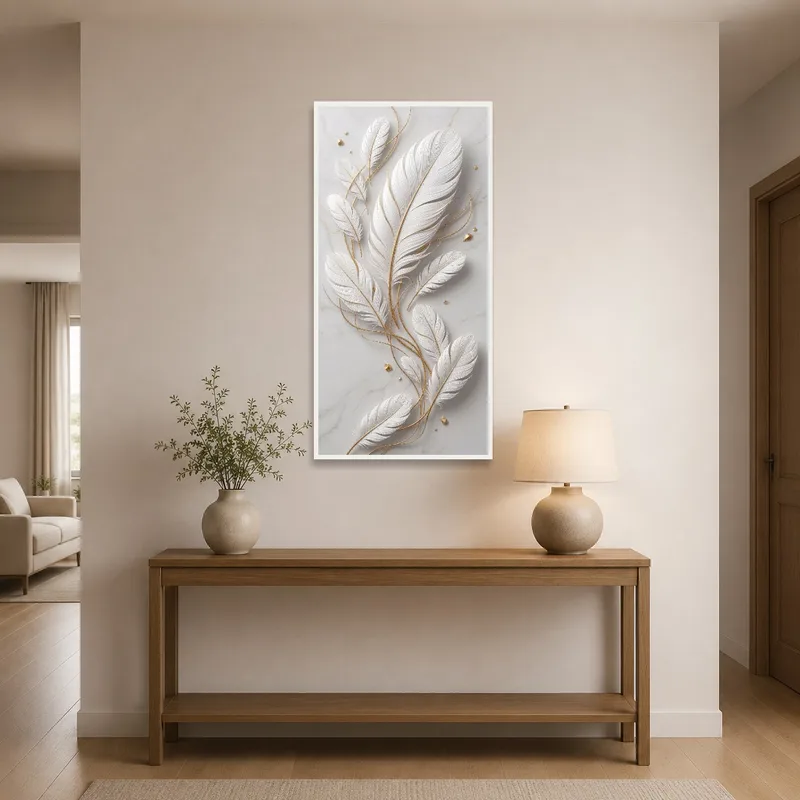 Artwork of white feathers on marble displayed in an entrance hall next to a coat rack.