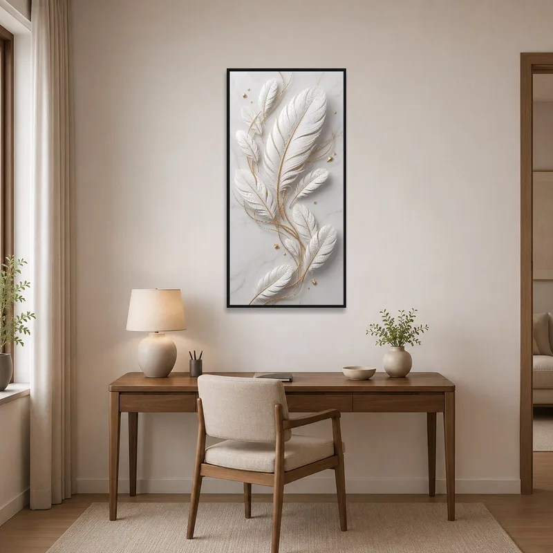 White feather design on marble accentuating a home office wall by the desk.