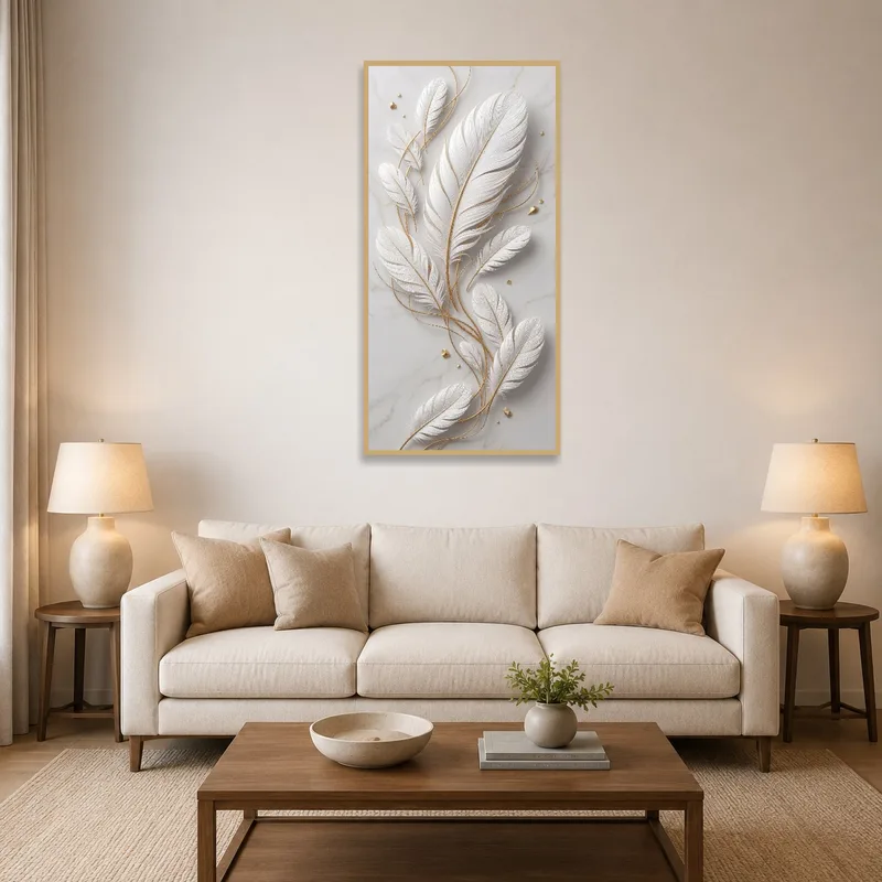Elegant white feathers artwork on marble background above a modern living room sofa.