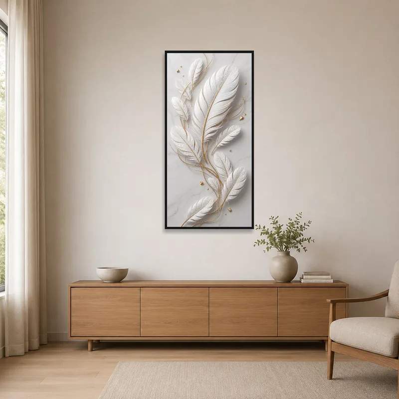 White feather motif on marble hung in a minimalist room with clean lines.