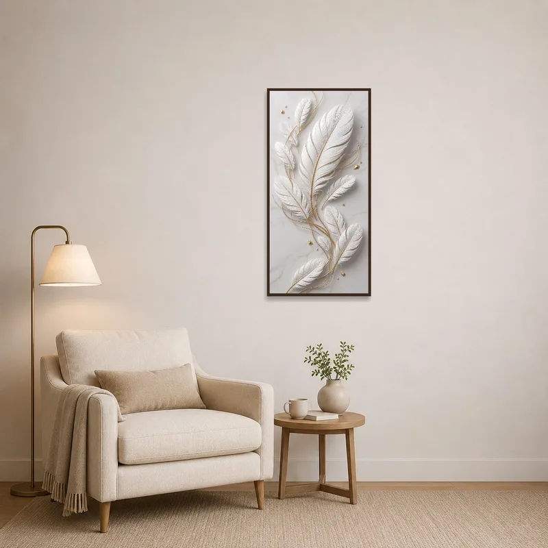 Marble background with white feathers displayed in a cozy reading nook.