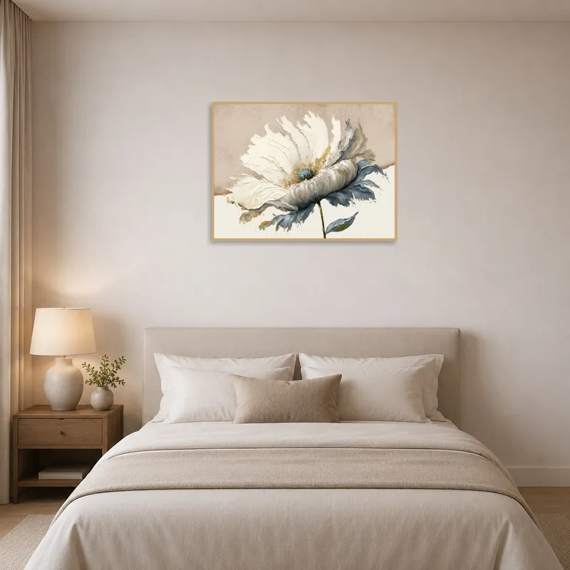 Bedroom wall adorned with elegant white floral art above the headboard.