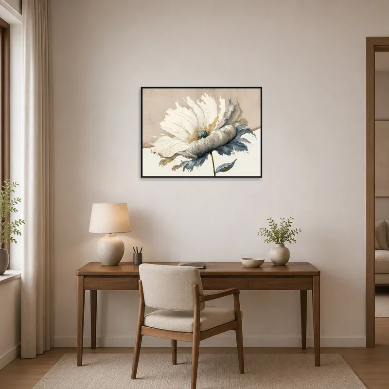 Home office with a calming white floral art print enhancing productivity.