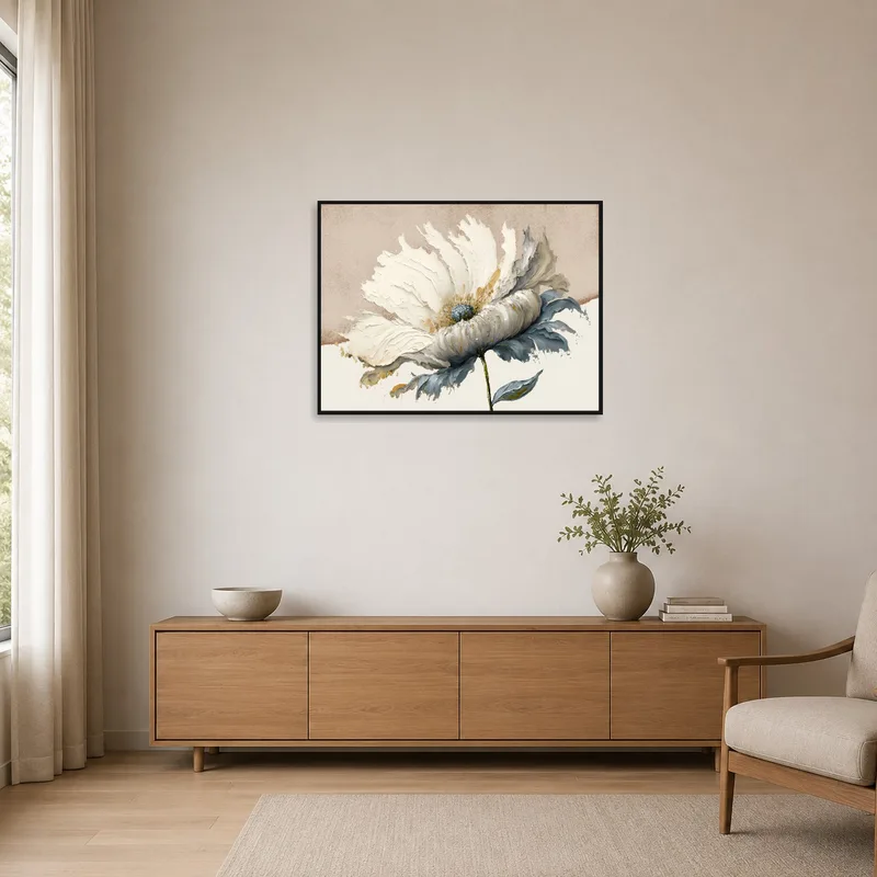 Minimalist room with elegant white floral art on a clear, bright wall.