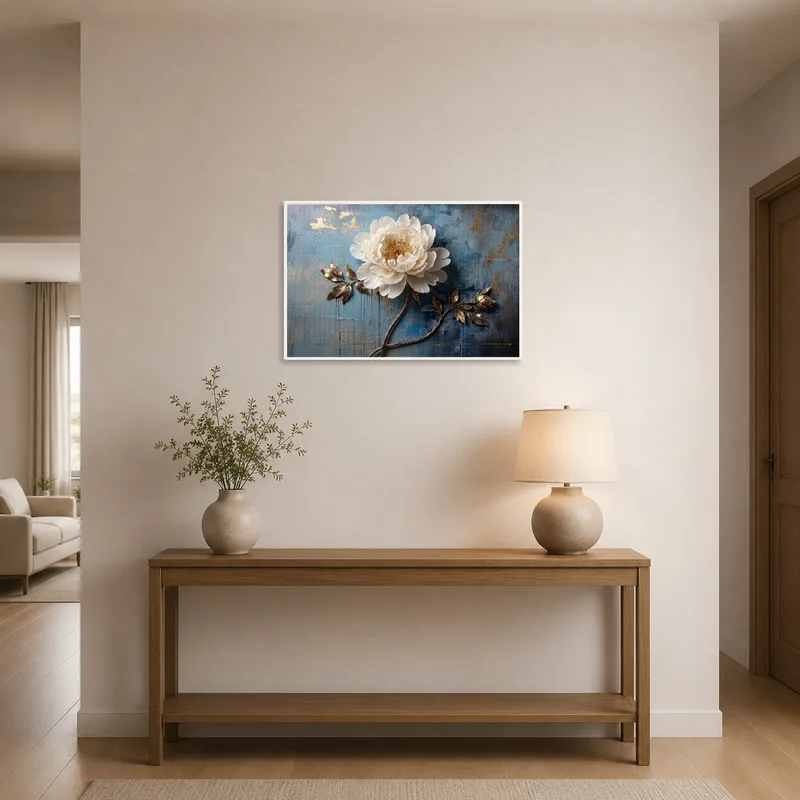 White flower piece in an entrance hall, offering a welcoming vibe.